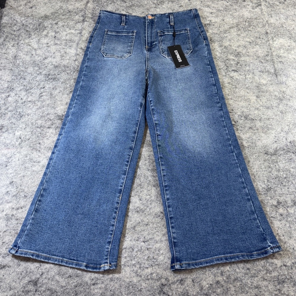 Express High Riseβ Wide Leg Jeans Women's 10 Medium Wash Blue Front Pocket Y2K